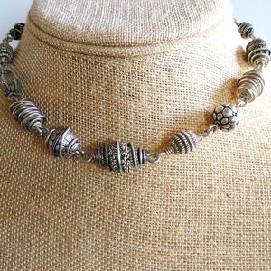 TIBET SILVER  CARVED BEADS  CHOKER  CHAIN NECKLACE 15" LONG.